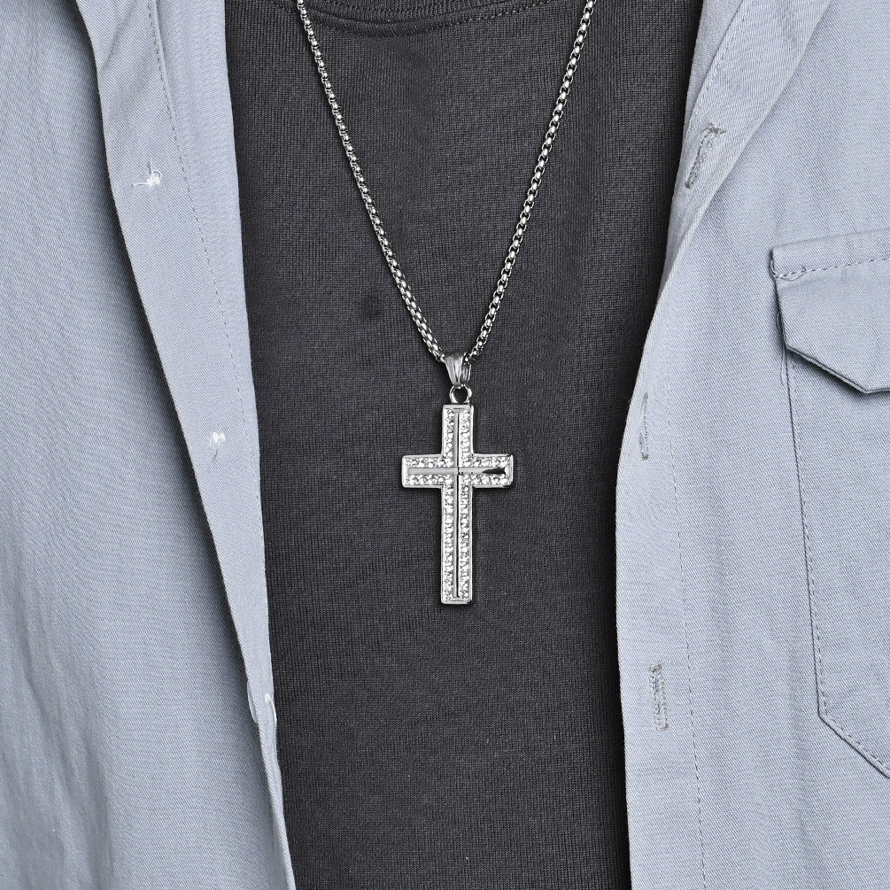 Planderful Titanium Steel Gold Plated Zircon Cross Necklace Non Fading For Hip Hop Style Unisex Jewelry