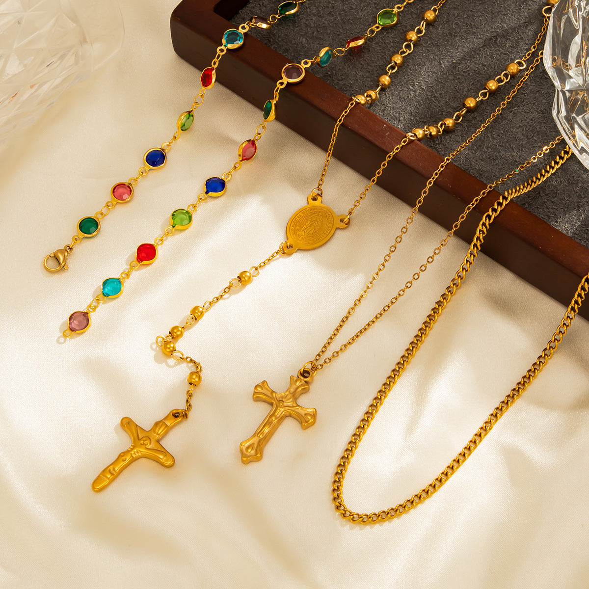 Vintage Cross & Crystal-Style Layered Necklace