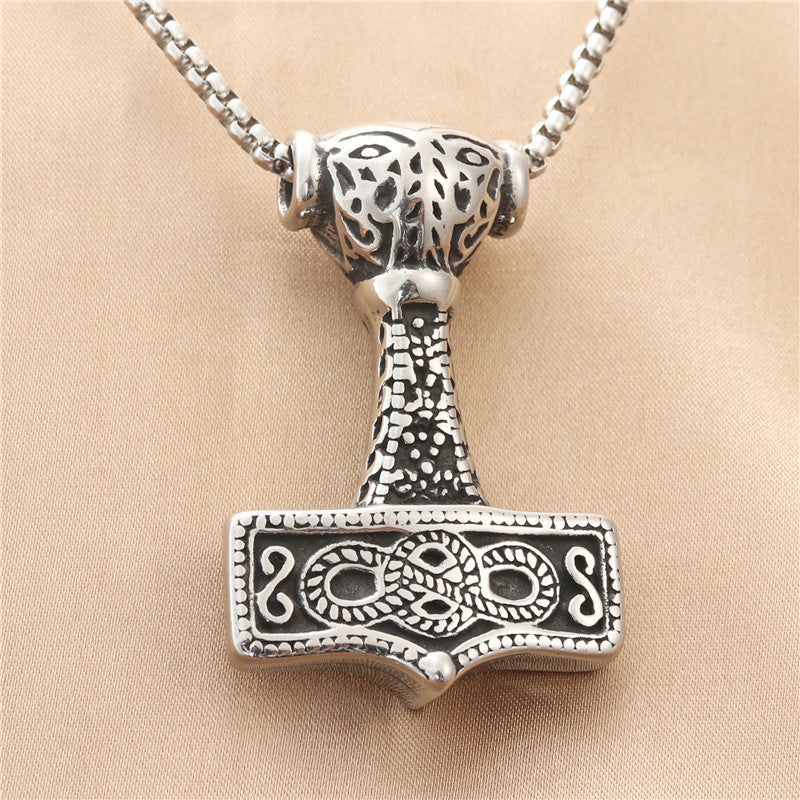 Titanium Steel Viking Hammer Pendant Necklace - Personalized Retro Punk Design for Men