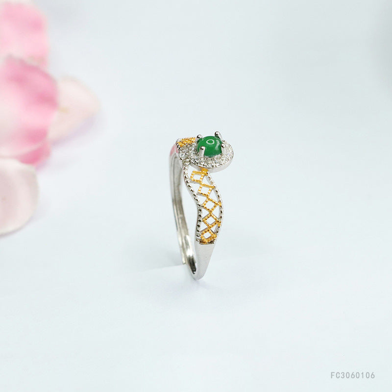 Icy Green Jadeite Openwork 925 Silver Adjustable Ring