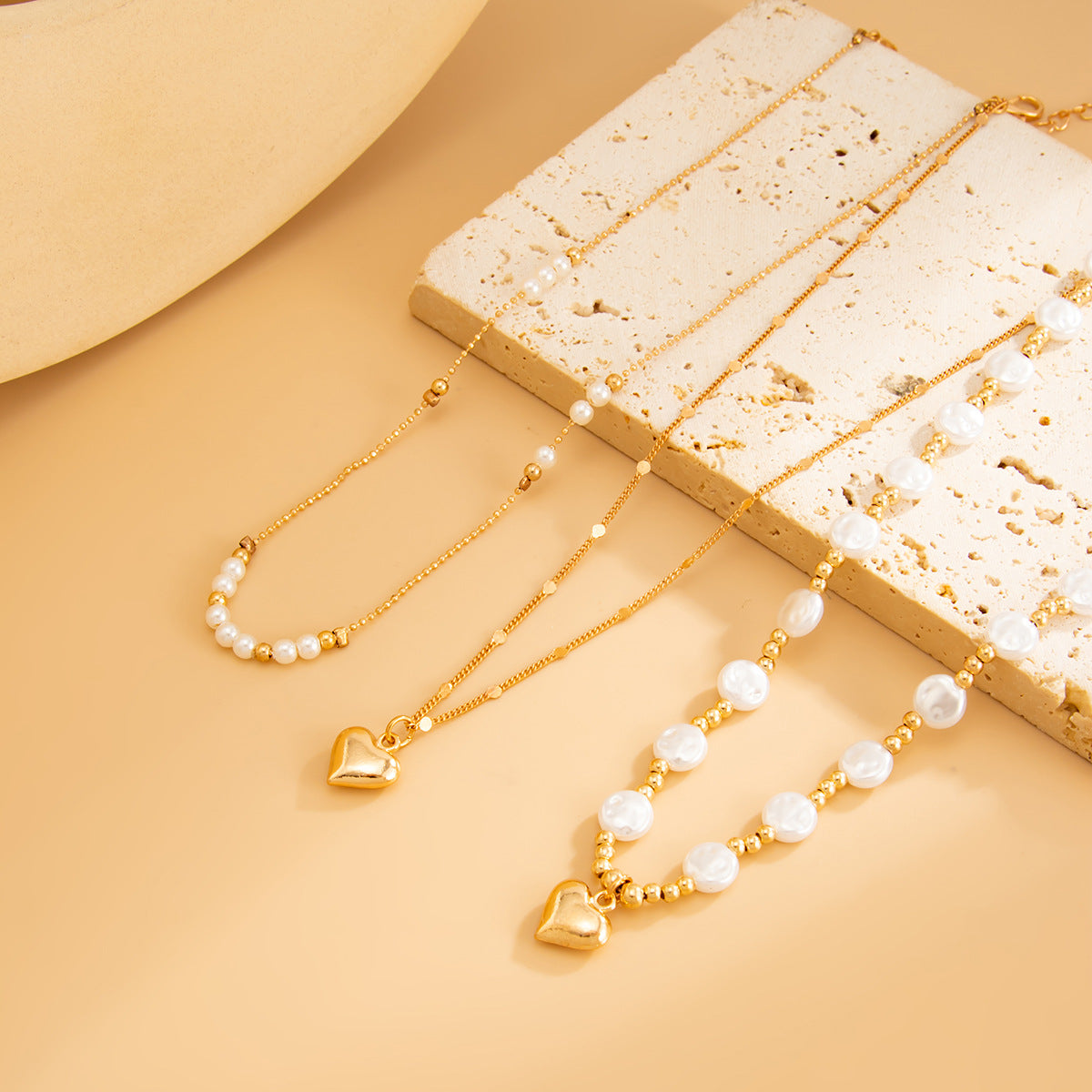 Pearl Heart Layered Necklace Set