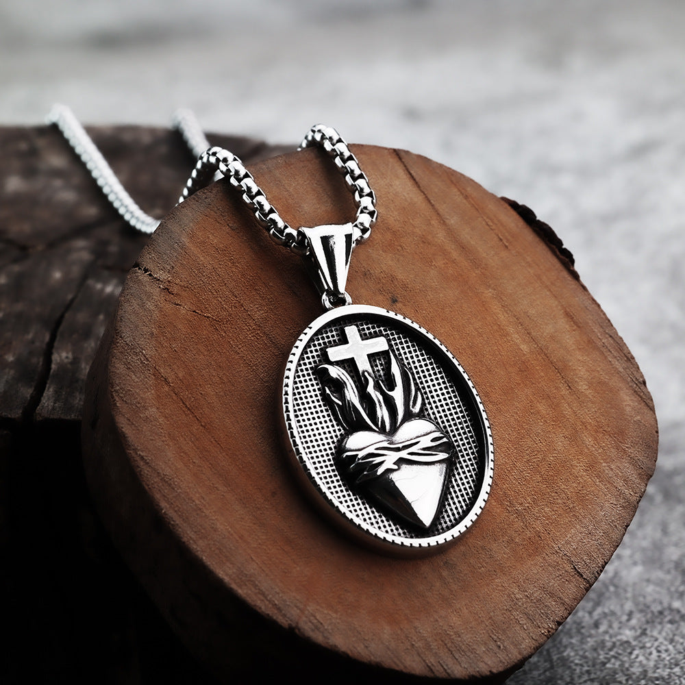 European And American Retro Men's Titanium Steel Necklace Heart-Shaped Pendant Spot Wholesale