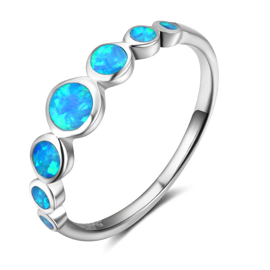 Planderful Jewelry Sterling Silver Opal Ring Blue Opal Seven Stone European Fashion