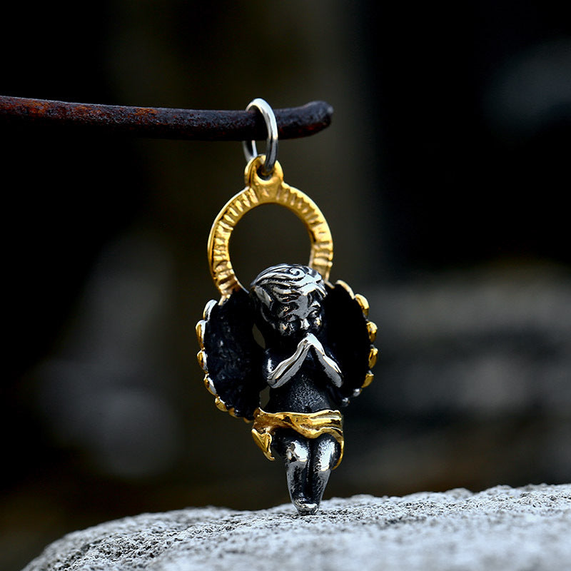 Stylish Retro Stainless Steel Angel Prayer Pendant for Men - Electroplated Titanium Steel Accessory
