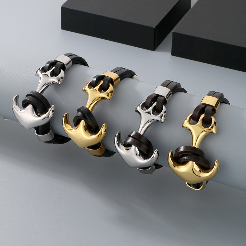 Planderful Men Pirate Durable Steel Cowhide Anchor Bracelet