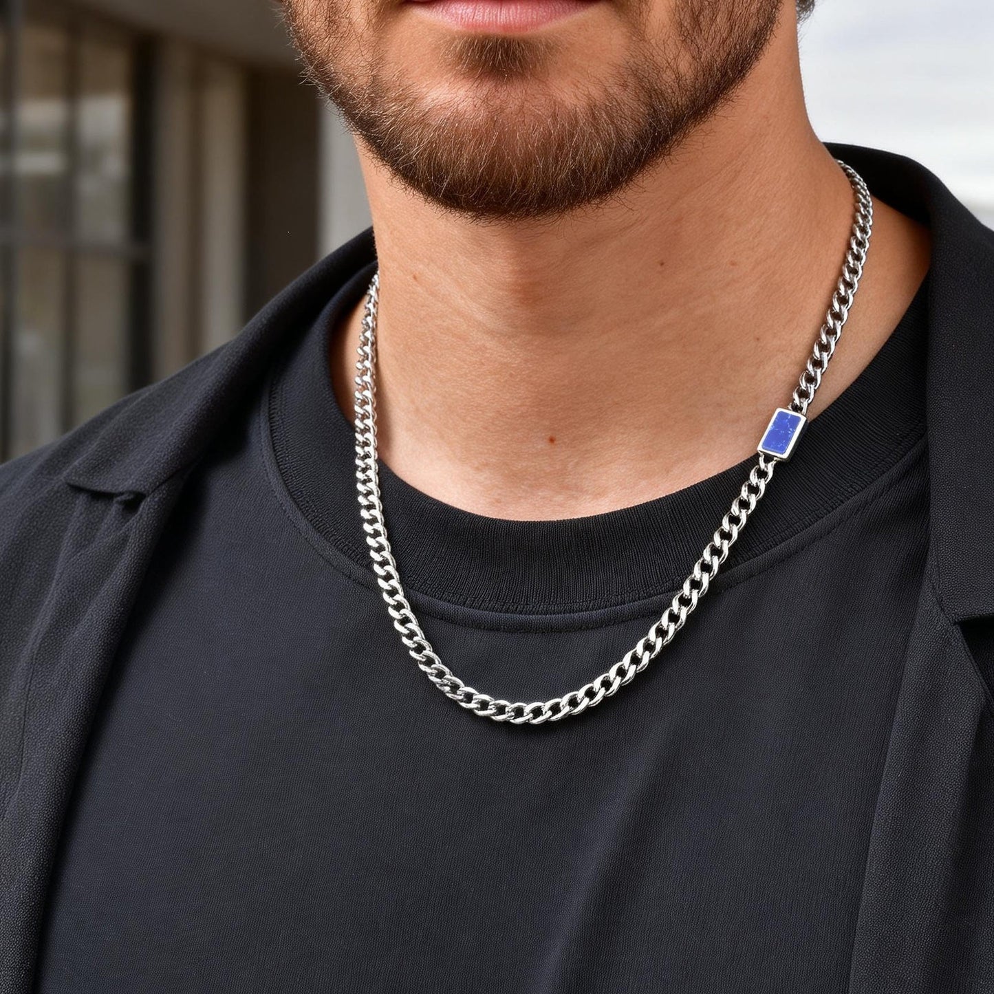Stainless Steel Grinding Chain Square Tiger's Eye Stone Shape Sense Cool Sa Necklace