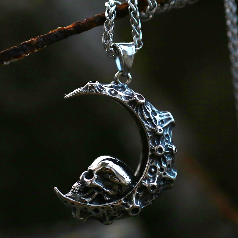 Custom Retro Crescent Moon Skull Pendant in Titanium Steel for Men