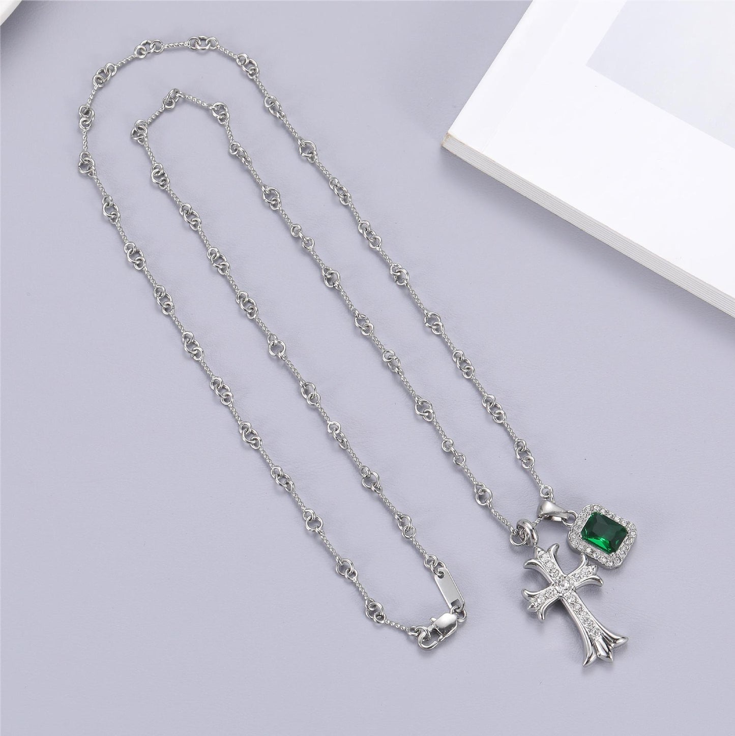 Planderful Jewelry Emerald Zircon Cross Necklace For Men And Women In Titanium Steel Hip Hop Chain