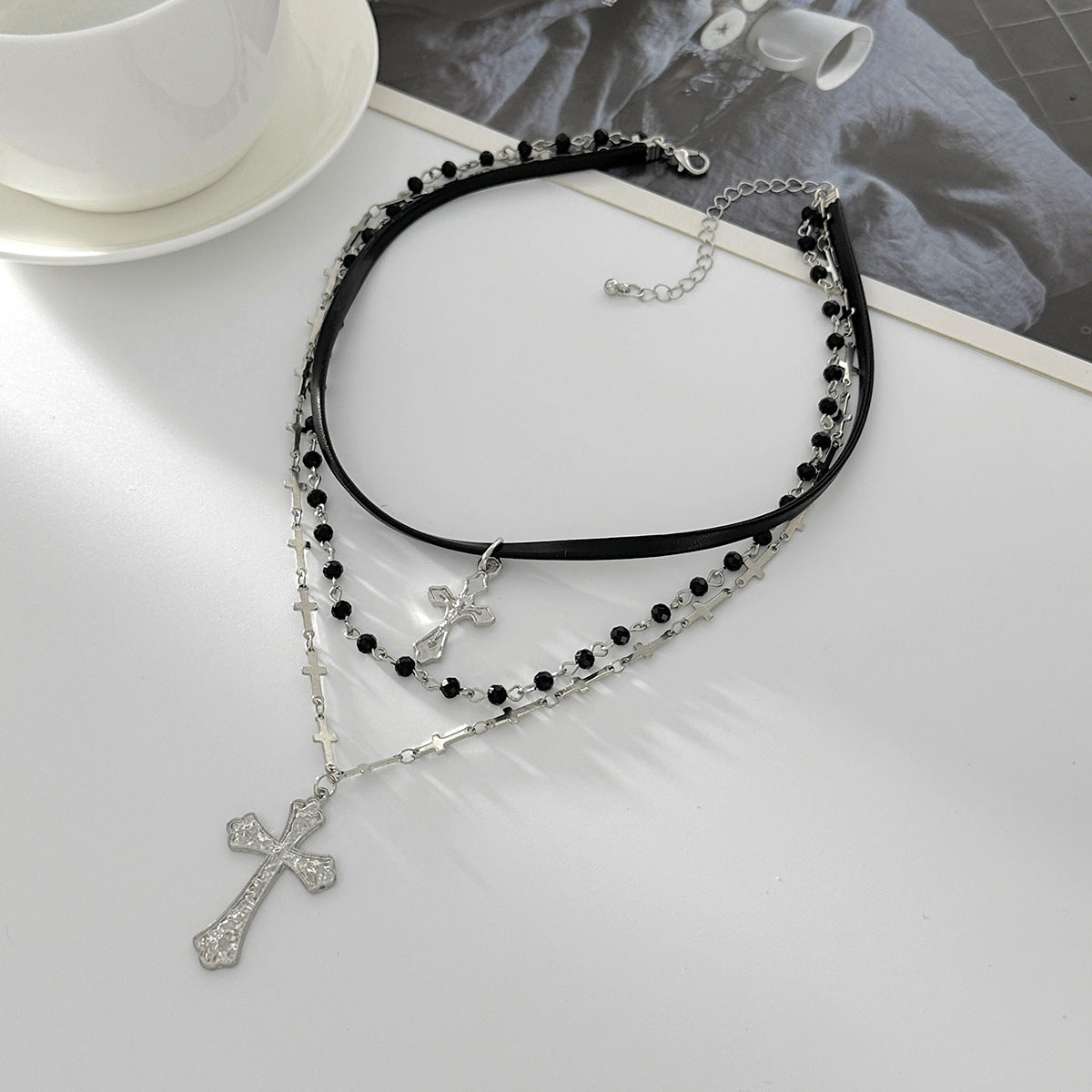 Crystal-Style Cross Layered Necklace