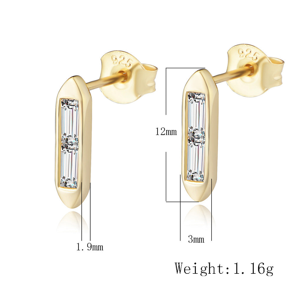 Korean Version S925 Sterling Silver Geometric Versatile Square Strip Inlaid Zircon Stud Earrings