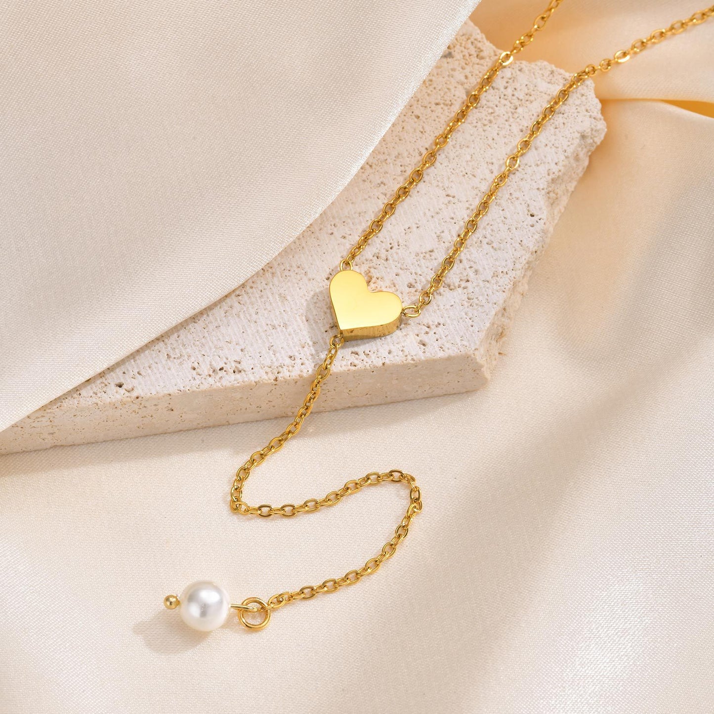 Butterfly Heart-Shaped Imitation Pearl Y-Shaped Gold Necklace Women's & Simplicity
