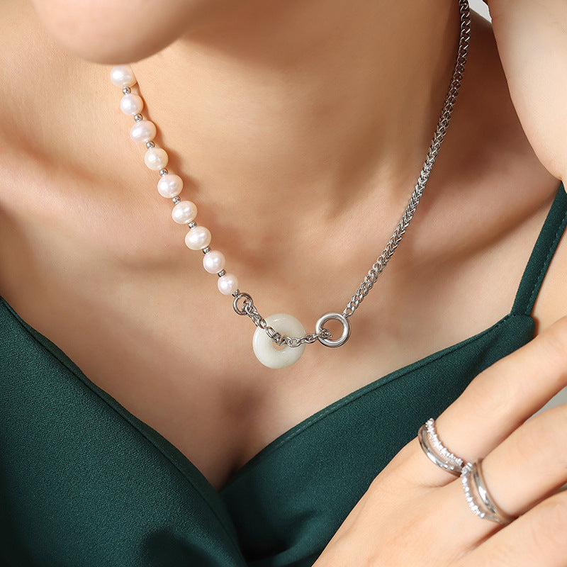 Ethnic Fusion Freshwater Pearl and Jade Pendant Necklace with Titanium Steel Chain
