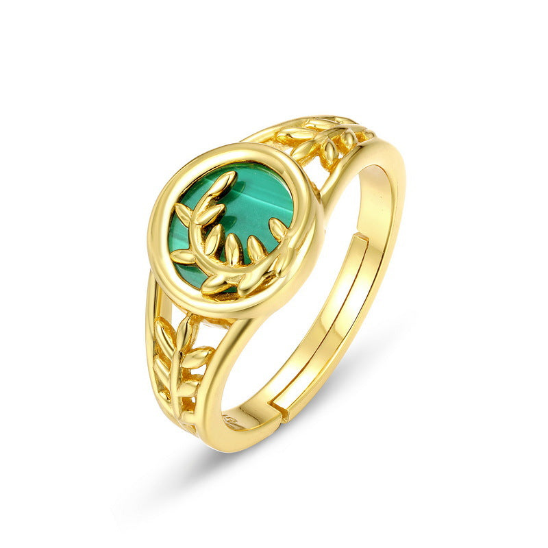 Round Shape Malachite Willow Leaf Opening Sterling Silver Ring