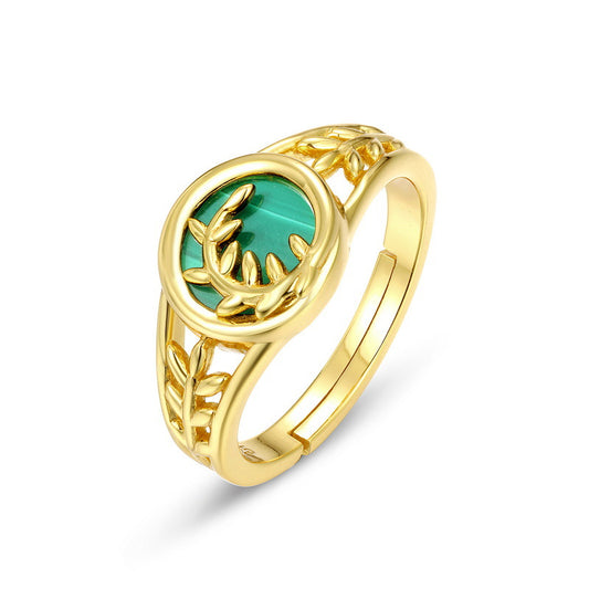Round Shape Malachite Willow Leaf Opening Sterling Silver Ring