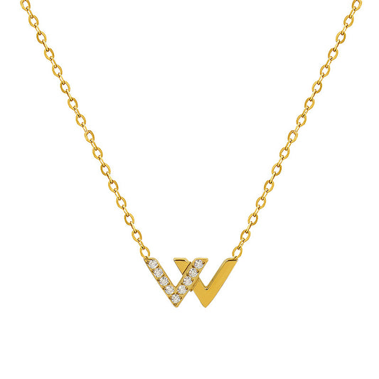 Golden Titanium Steel W Letter Pendant Collarbone Necklace with Korean Design Flair