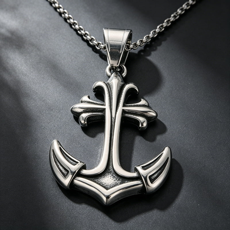 Vintage Celtic Carved Cross Anchor Necklace Iris Anchor Skull Stainless Steel Men's Pendant