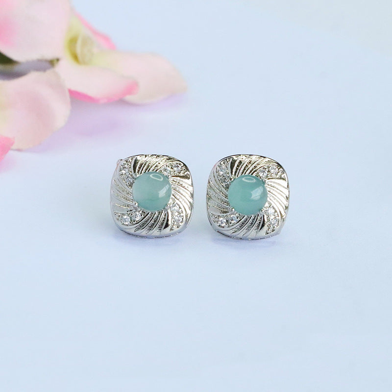 Blue-Water Jadeite Ripple Stud Earrings