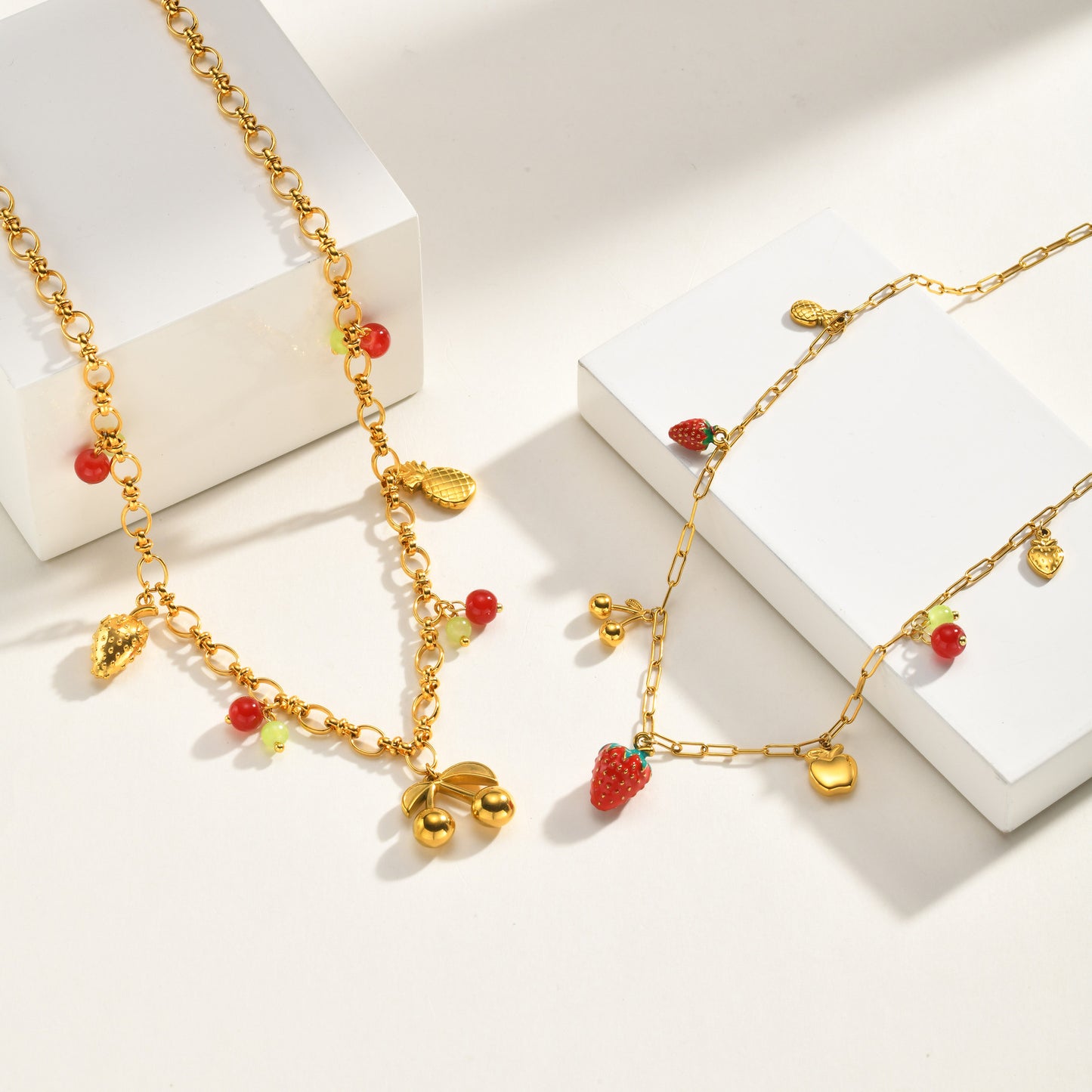 Stainless Steel Vacation Wind Sweet Strawberry Cherry Pineapple Necklace Multi-Element