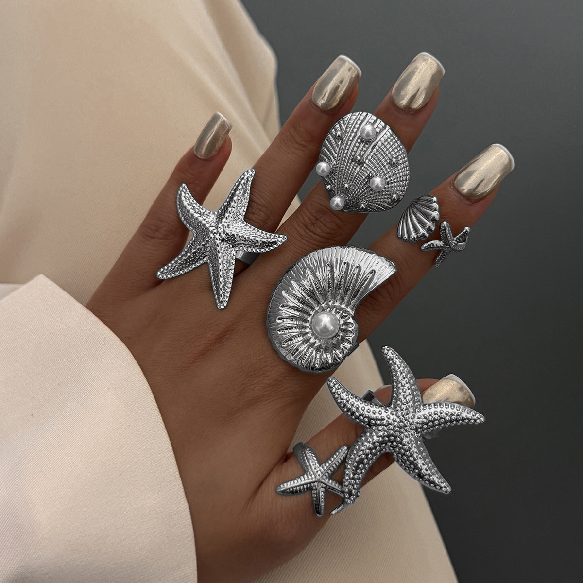 Planderful Vienna Verve Ocean Starfish Ring With Niche Pearl Conch Shell For Women Statement Jewelry