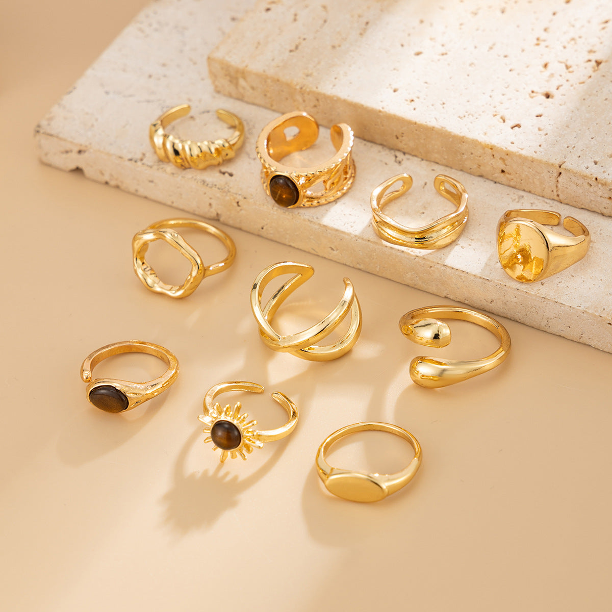 Planderful Vienna Verve Tiger's Eye Ring For Women Open Sun Metal Statement Jewelry