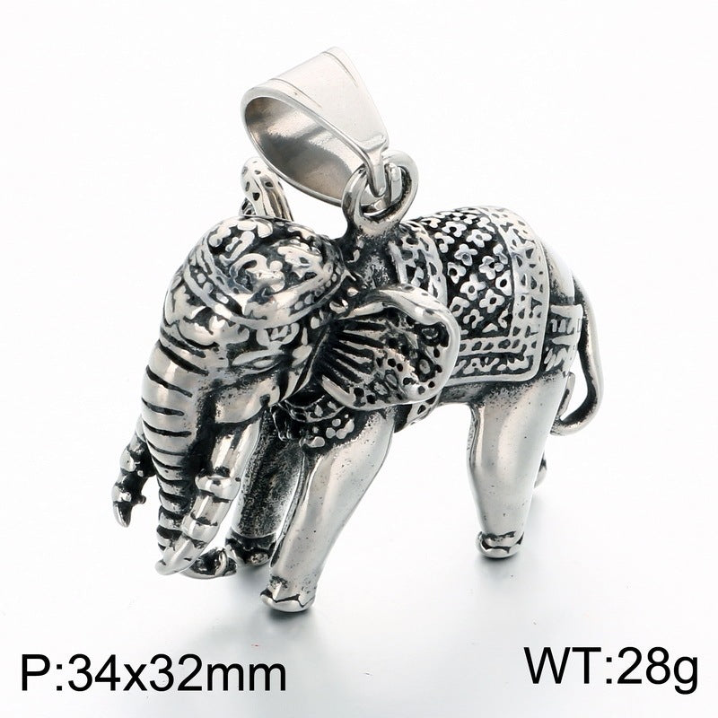 Vintage Ruby Jixiang Pendant Exotic Style Three-Dimensional Elephant Casting Pendant Stainless Steel Men's Necklace