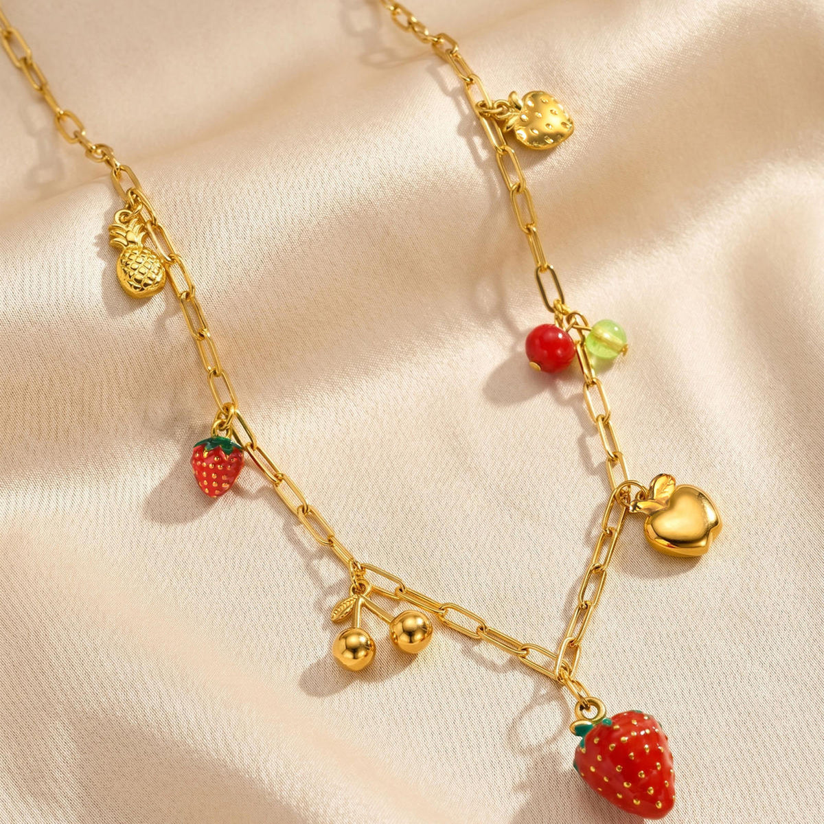 Stainless Steel Vacation Wind Sweet Strawberry Cherry Pineapple Necklace Multi-Element
