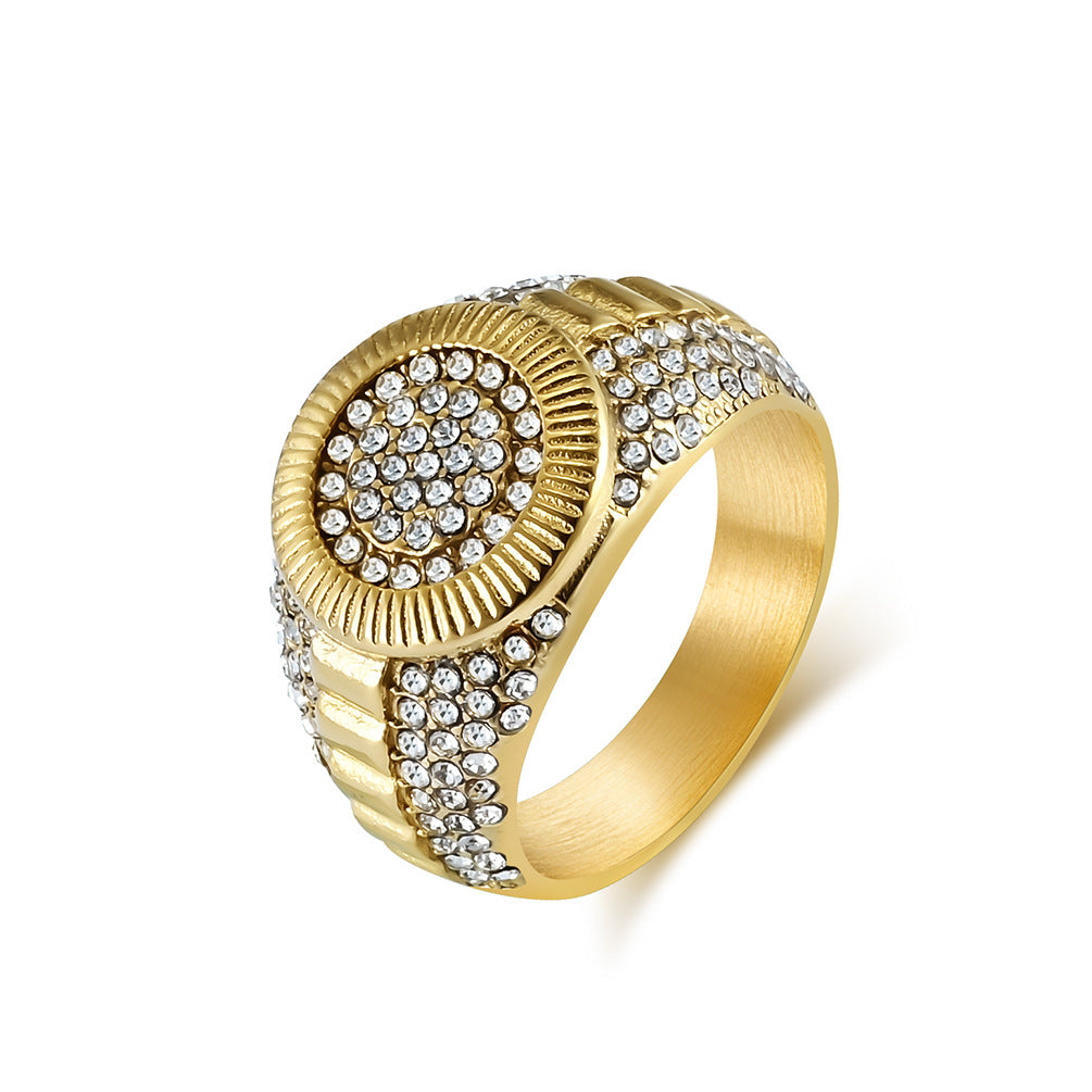 Hip-Hop Titanium Steel Ring Plated with 18K Gold for Men