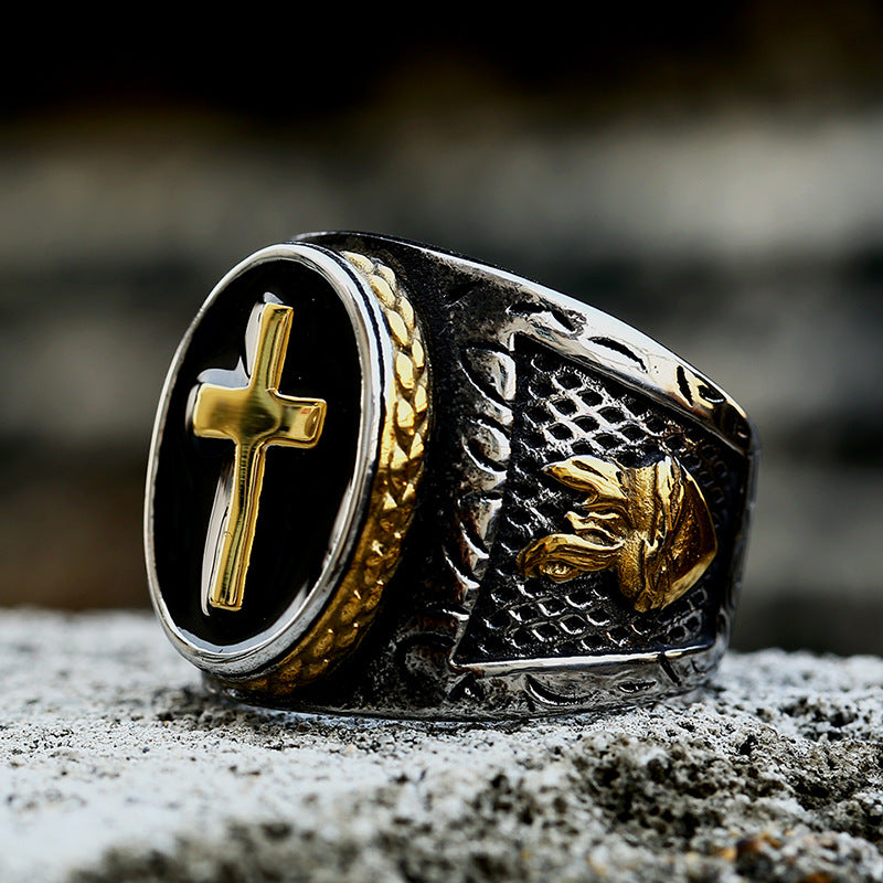 Titanium Steel Cross Epoxy Ring with Stainless Steel Casting Prayer Hands - Wholesale for Men