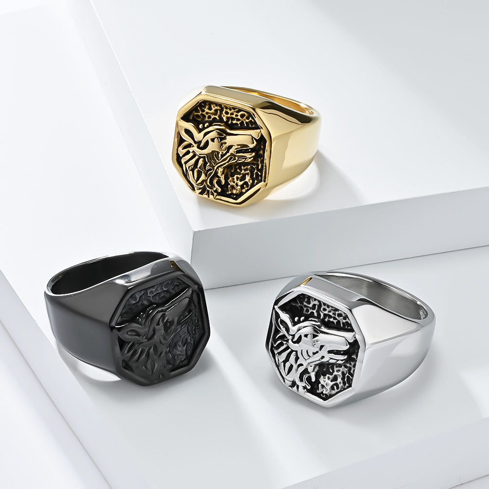 Planderful Titanium Wolf Head Ring For Men Bold Vintage Hip Hop Style Domineering Punk Accessory