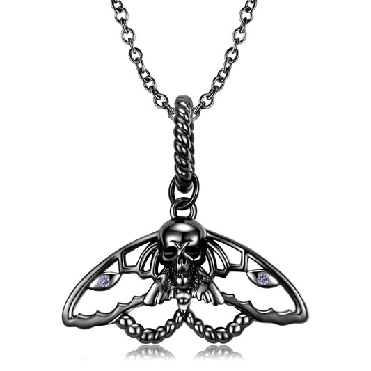 Halloween Black Skeleton Moth Pendant Silver Necklace