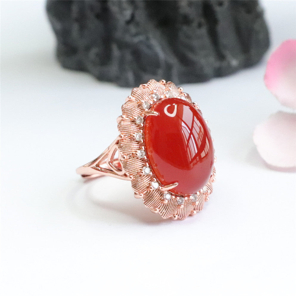 Red Agate Flower Halo Ring with Zircon Jewelry