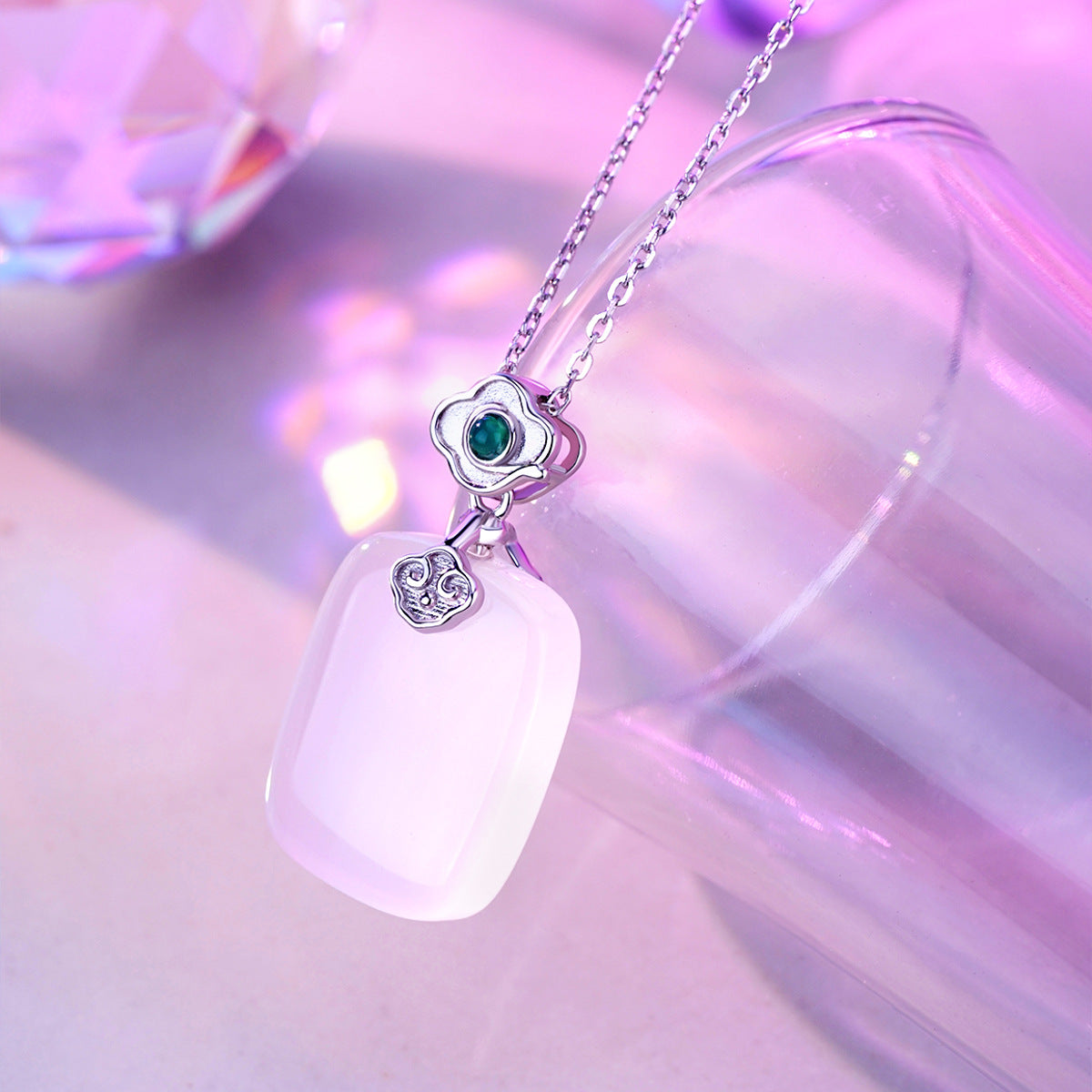 S925 Sterling Silver Natural Chalcedony Auspicious Cloud Necklace