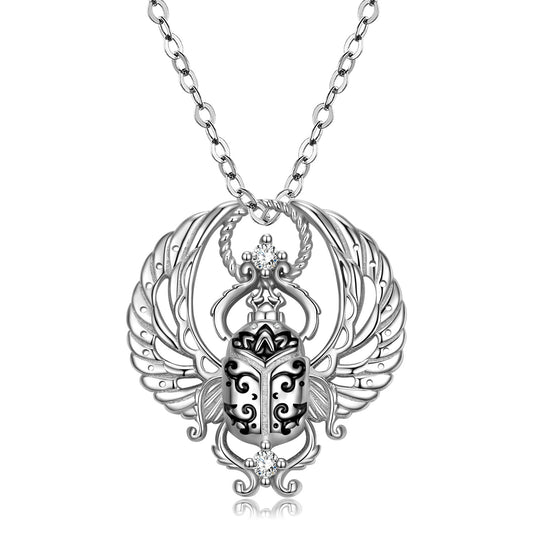 Vintage Beetle Pendant Hollow Wings Silver Necklace