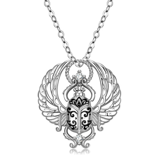 Vintage Beetle Pendant Hollow Wings Silver Necklace