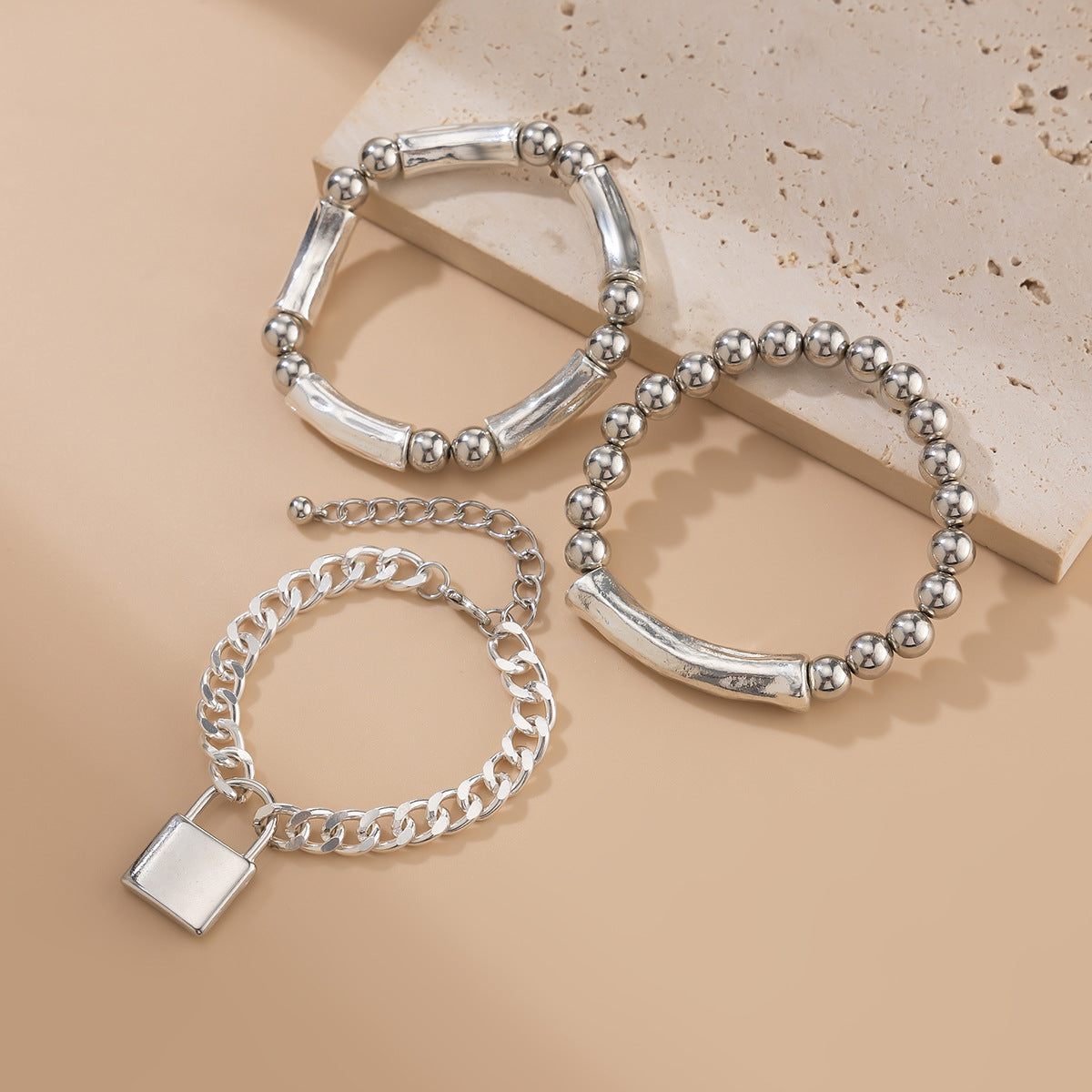 Planderful Lock Shaped Bracelet For Trendy Women Vintage European American Stacked Beads Elastic Jewelry