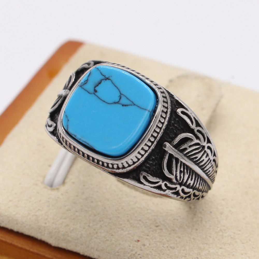 Planderful Turquoise Feather Steel Ring For Men And Unisex Durable Retro Protection Statement Everyday Genie
