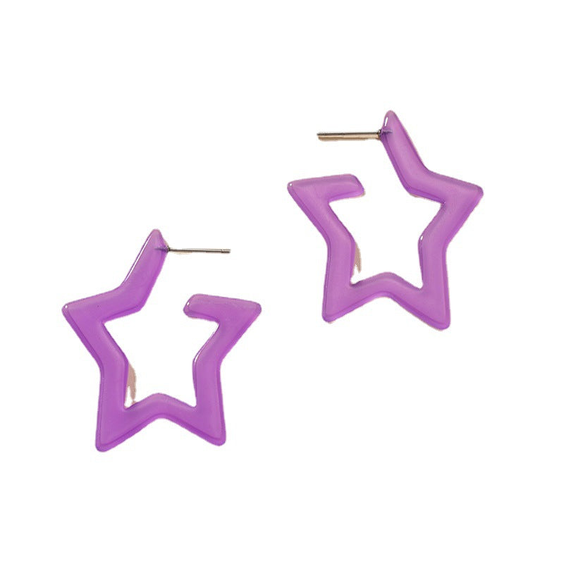 Purple Acrylic Geometric C-Shaped Earrings Set with Star Love Design