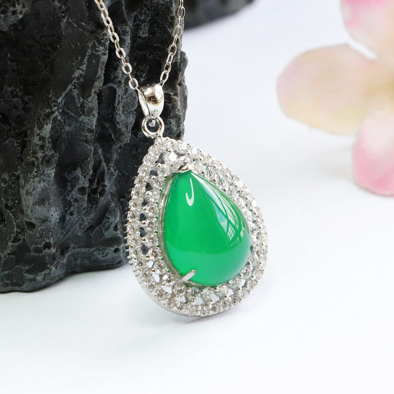 Sterling Silver Chalcedony Pendant Necklace with Zircon Halo