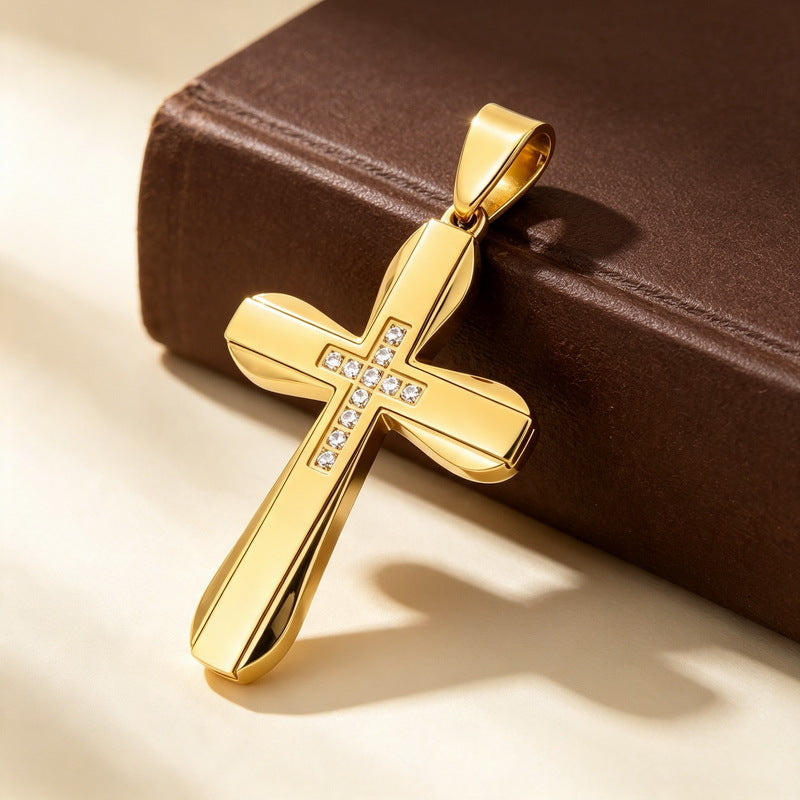 Hip Hop Rock Double Contrast Color Zircon Cross Titanium Steel Pendant Back Stainless Necklace