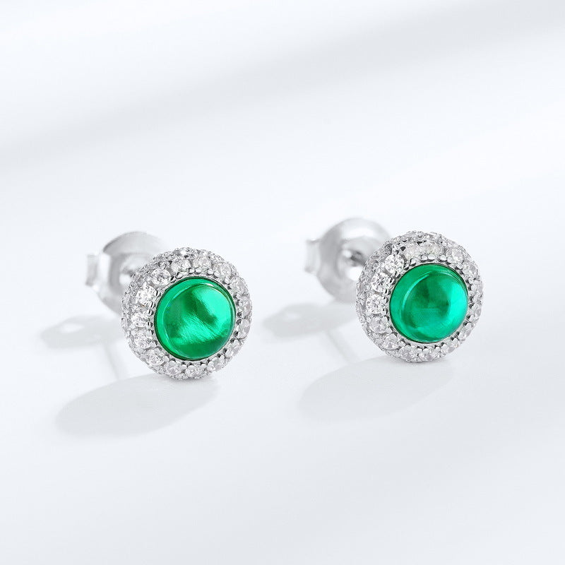 S925 Sterling Silver Lab-Grown Emerald Round Stud Earrings