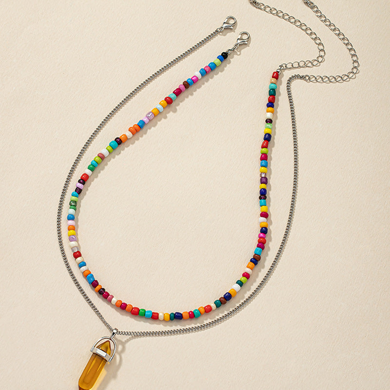Retro Stone Beaded Necklace with Hexagonal Pendant and Unique Design Touch, Ideal for European and American Markets