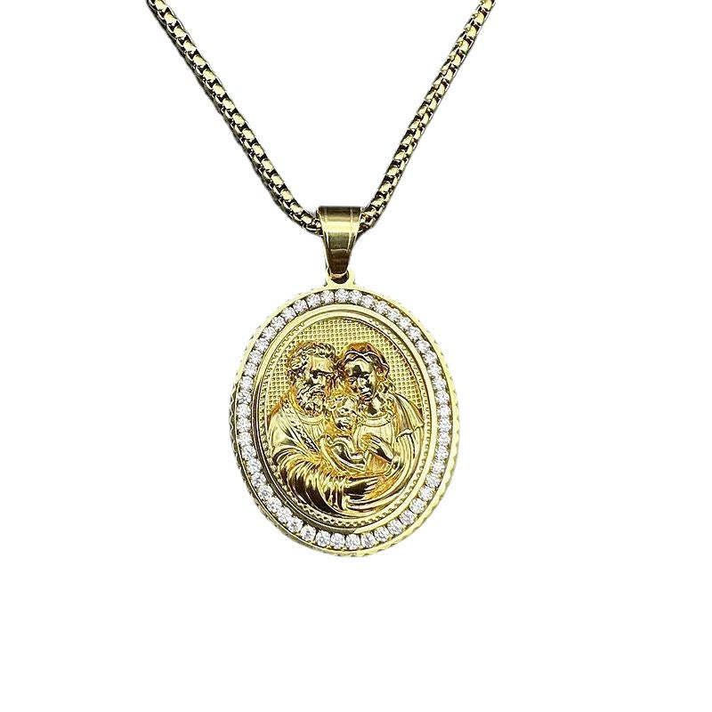 Zircon Necklace – Statement Stainless Steel Gold-Plated Jesus Father And Son Pendant