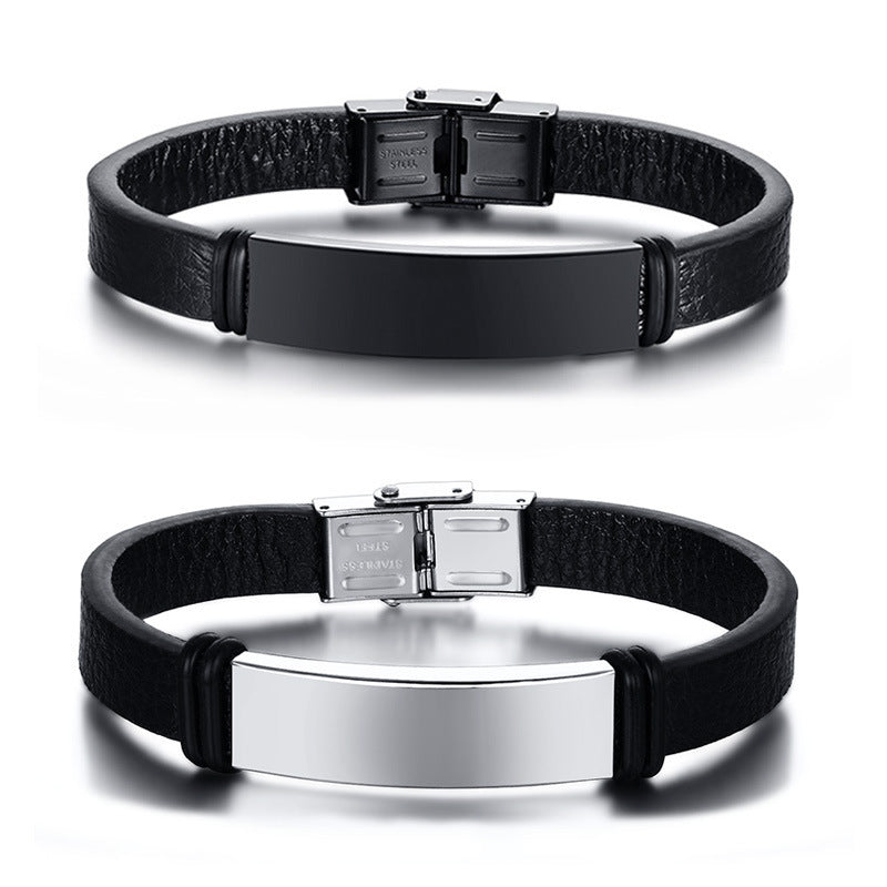 Stainless Steel Black Curved Leather Bracelet Men's Trendy Accessories Jewelry Wholesale Personalized for Men