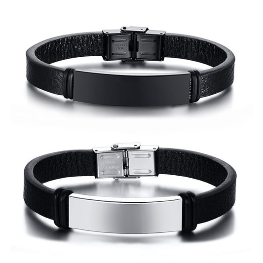 Stainless Steel Black Curved Leather Bracelet Men's Trendy Accessories Jewelry Wholesale Personalized for Men