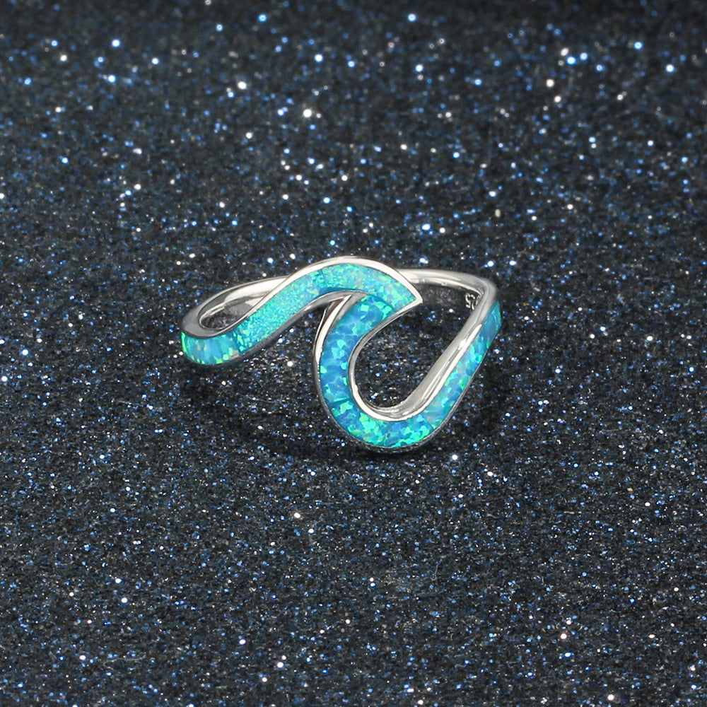 Planderful Jewelry Sterling Silver Opal Ring Blue Geometric Design For Women Collection