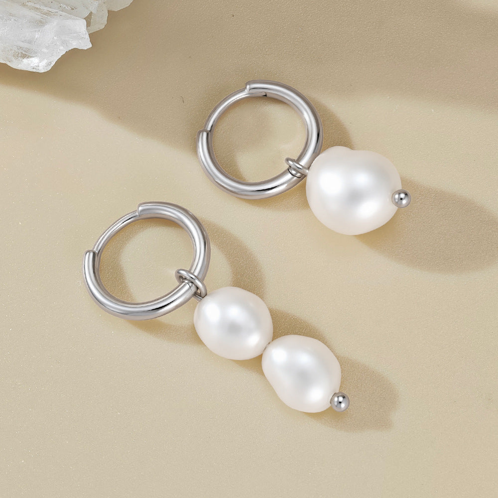 S925 Sterling Silver Natural Freshwater Baroque Pearl Asymmetrical Earrings Versatile Earrings Jewelry