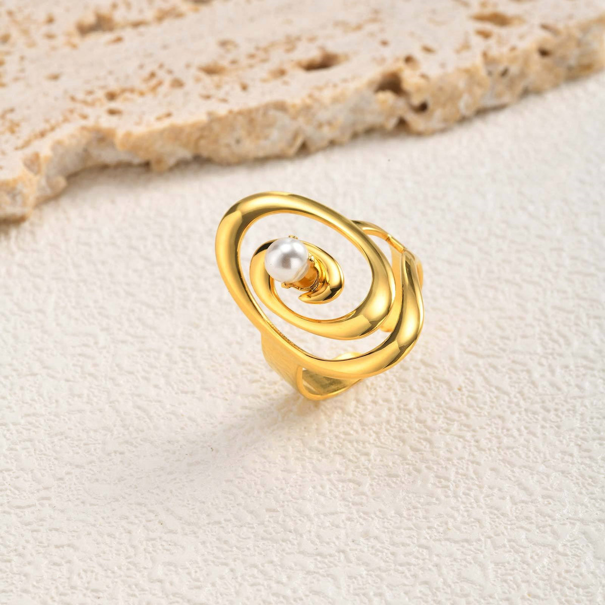 Women's Style – Stainless Steel Imitation Pearl Geometric Lines Open Stacked With Ring