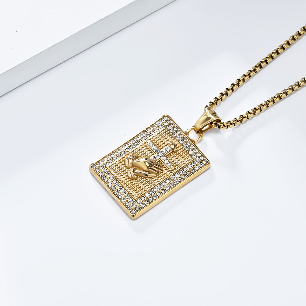 Planderful Zircon Inlaid Prayer Hand Cross Necklace For Hip Hop Fans Urban Style Premium Edition
