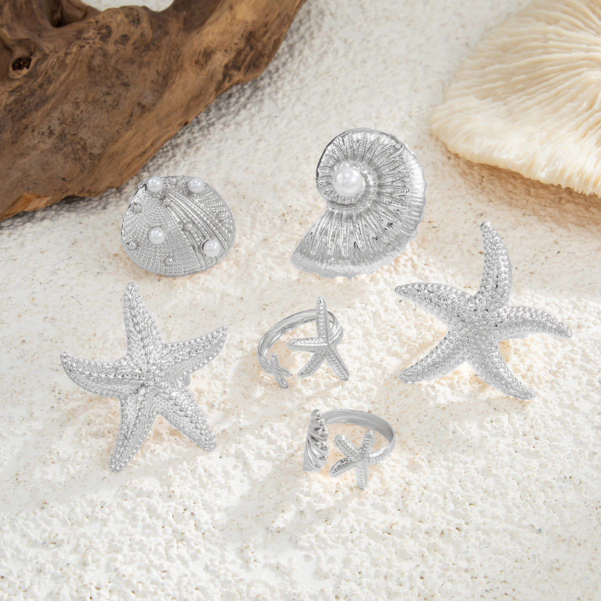 Planderful Vienna Verve Ocean Starfish Ring With Niche Pearl Conch Shell For Women Statement Jewelry