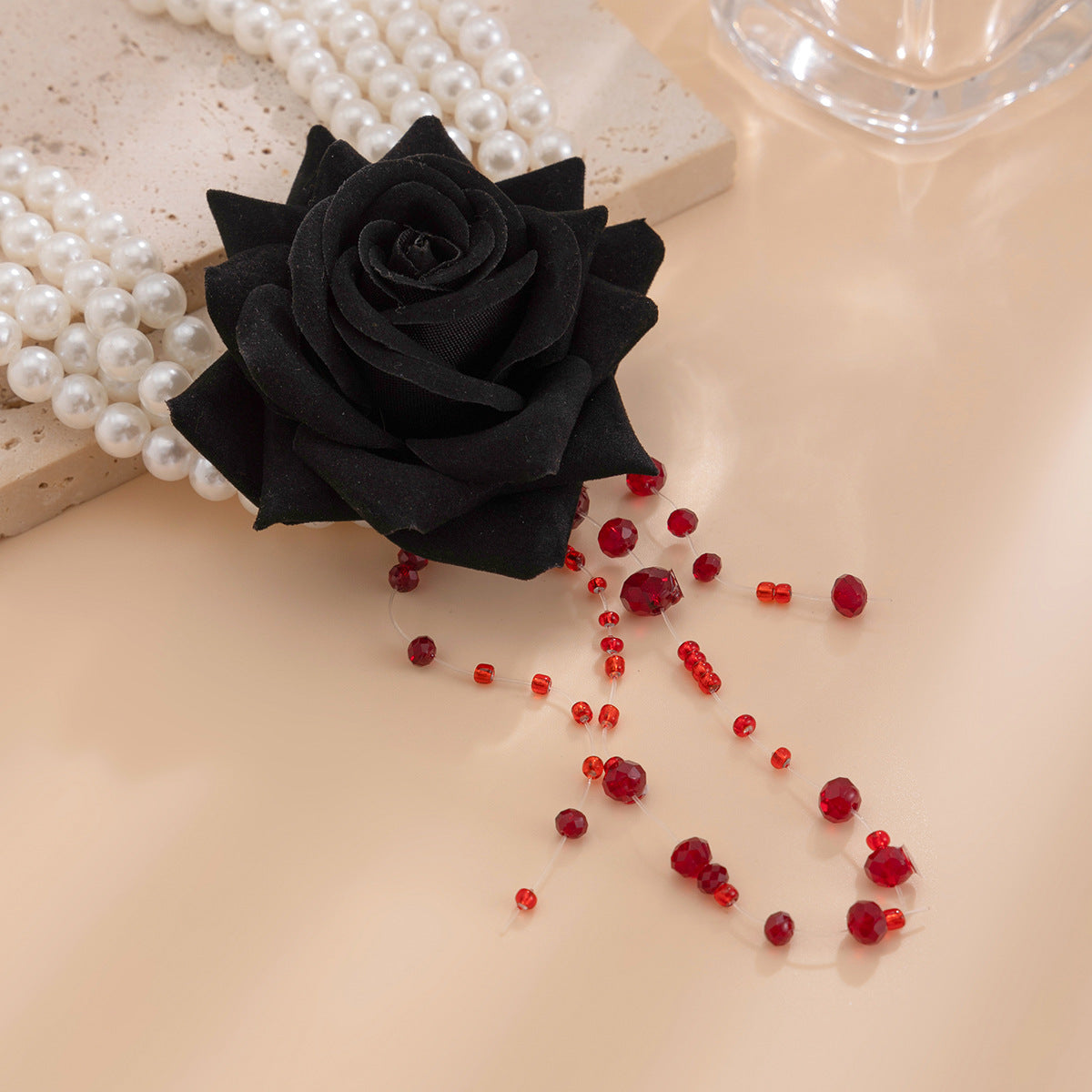 Gothic Pearl Rose Fringe Necklace